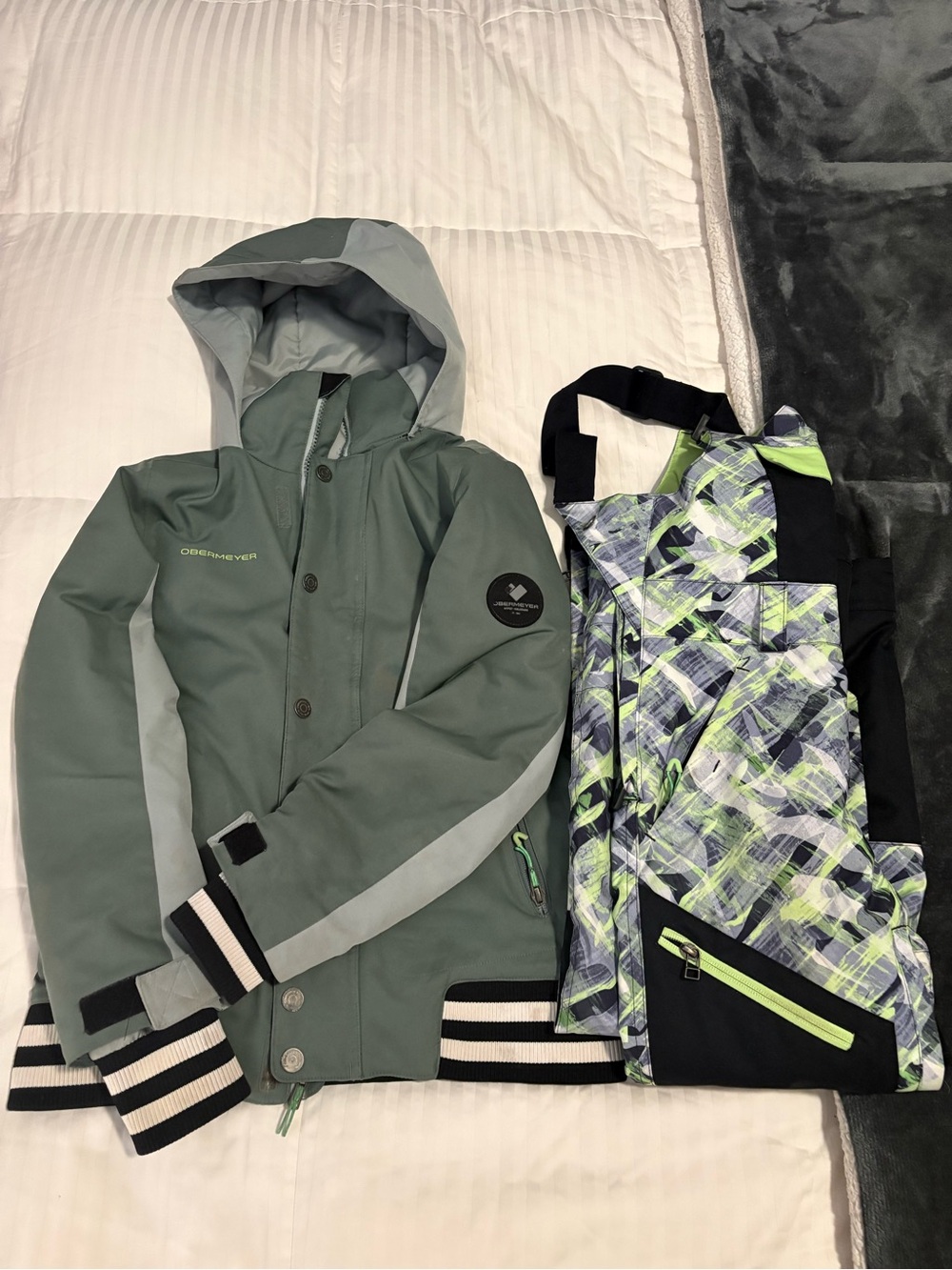 Obermeyer Sage Green Hooded Kids Winter Jacket with Coordinating Bib Pants